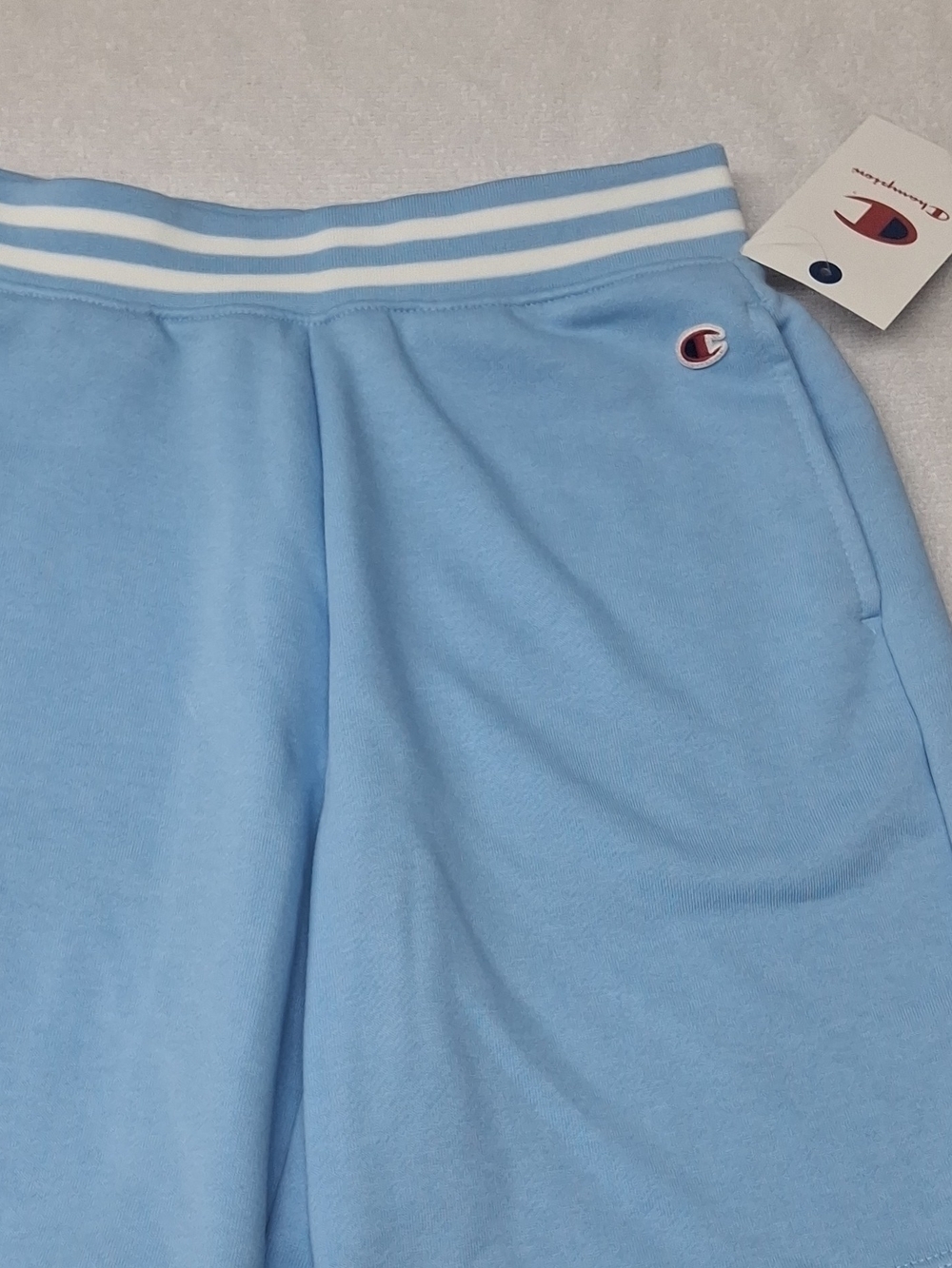 Champion Light Blue Men's Athletic Shorts with White Stripe Waistband